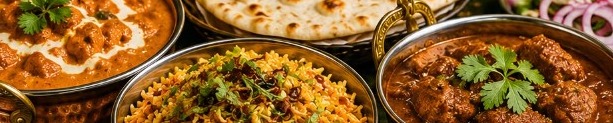 Indian dinner entrées at Desi Tadka — curry, biryani, and naan